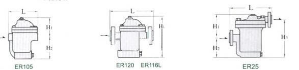 ER105/120/116L/25差压复阀钟型浮子式蒸汽疏水阀外形尺寸图